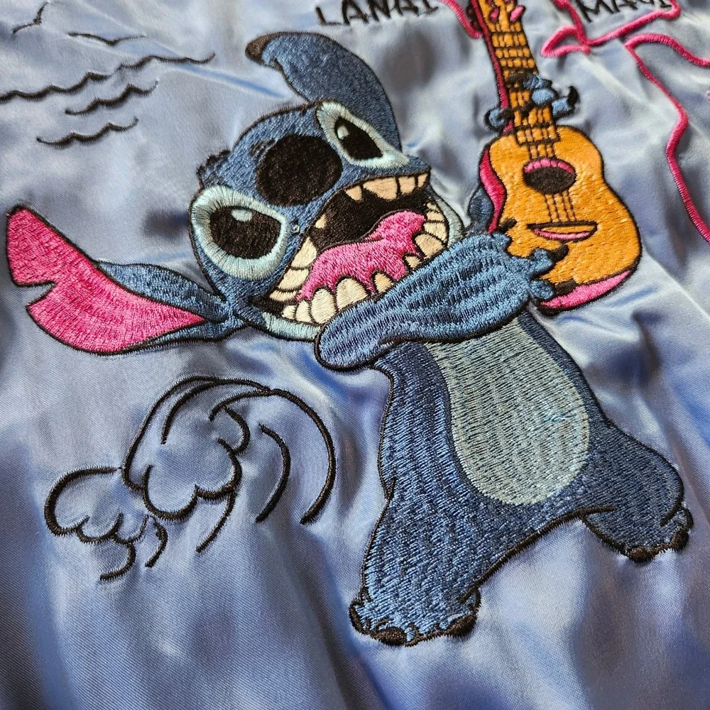 Disney Lilo & Stitch Blue Satin Bomber Jacket Hawaii Embroidered Zip Up Kids Med